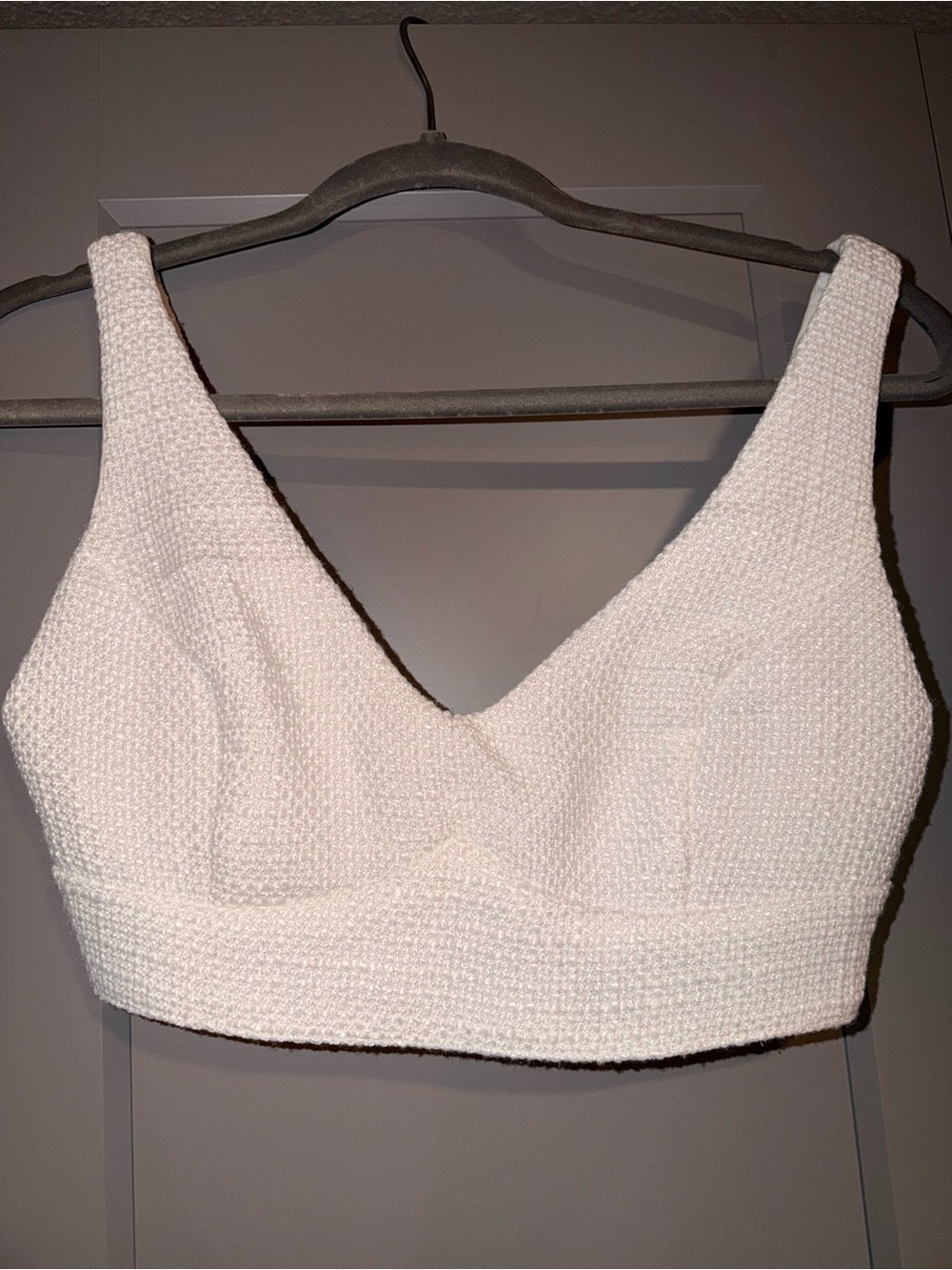 White Textured tweed V-Neck Crop Top